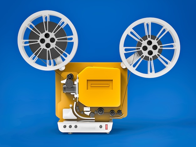 yellow 3d cinema film projector isolated on blue surface