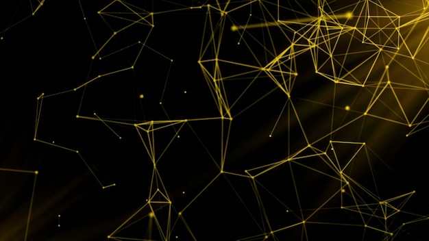 yellow and gray background motion thin particles that are interconnected rotate in abstraction