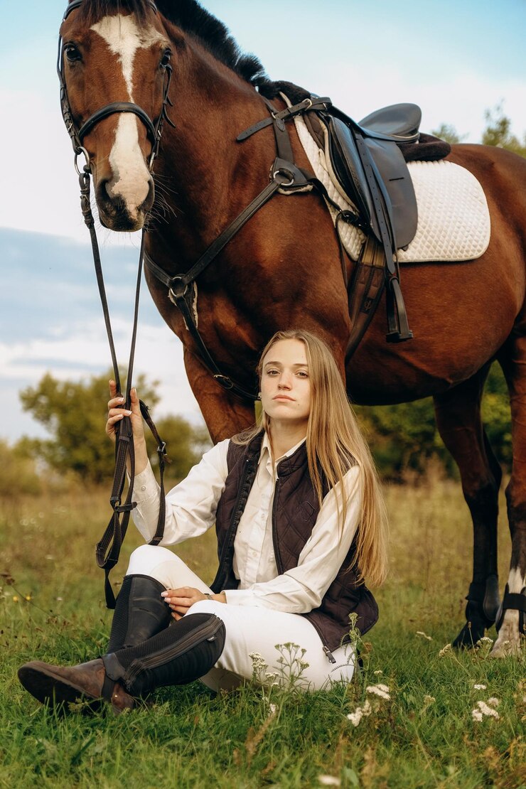 Fotografie young beautiful female jockey sits on a meadow near her horse at sunset