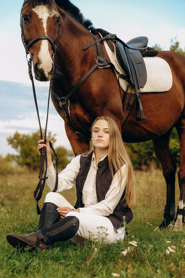 Fotografie young beautiful female jockey sits on a meadow near her horse at sunset