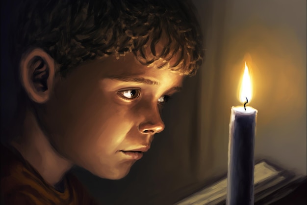 Young boy lit the candle without realizing that there was a demon behind him digital art style illustration painting fantasy concept of a young boy near the demon