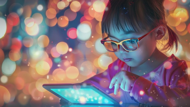 Young girl with glasses using tablet in a festive atmosphere