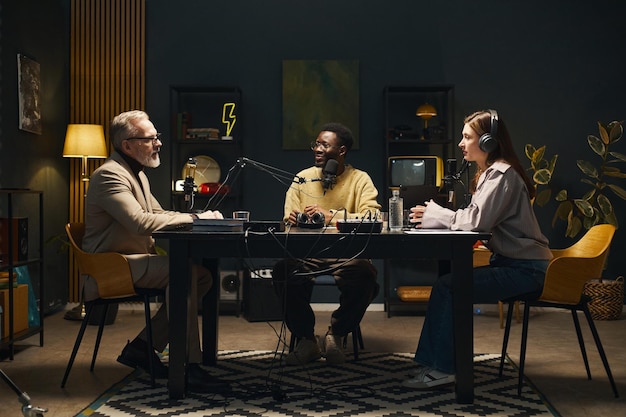 young people talking to man during podcast