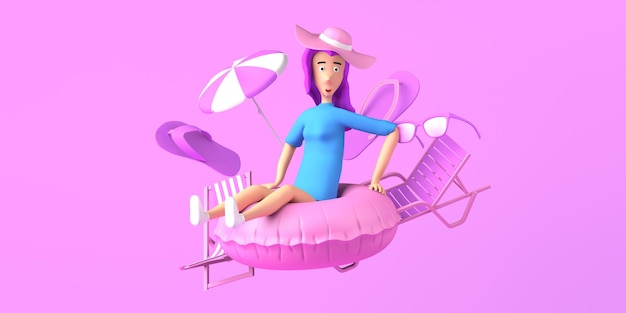young woman with ring inflatable float and beach accessories summer concept copy space
