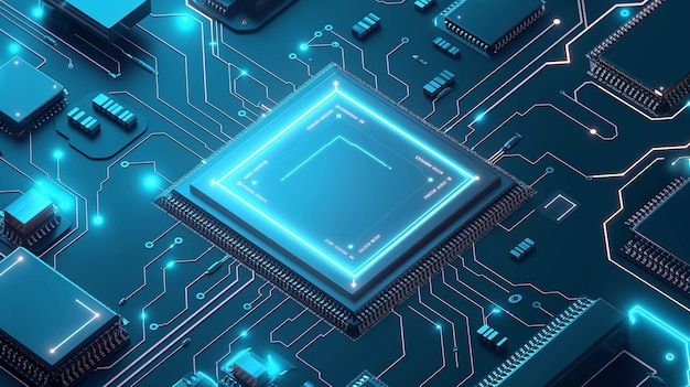 Zářící neonový AI čip na technologickém pozadí