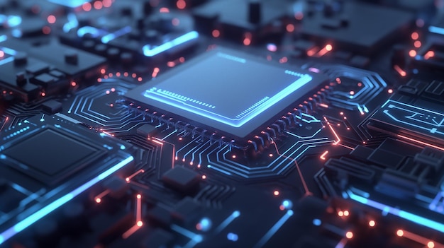 Zářící neonový AI čip na technologickém pozadí