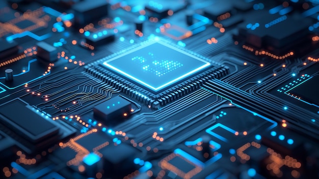 Zářící neonový AI čip na technologickém pozadí