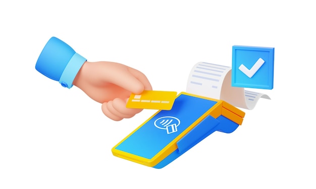 3d hand holding bank card near payment terminal