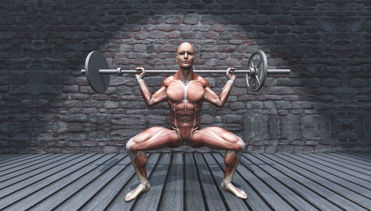 Zdarma Fotografie 3d male figure in barbell squat pose in grunge interior