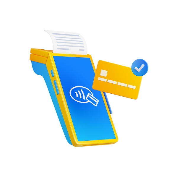 3d payment terminal bank card and blue checkmark