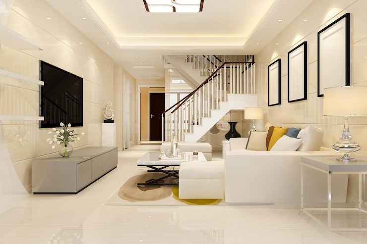 Zdarma Fotografie 3d rendering bílého dřevěného obývacího pokoje blízko ložnice v patře