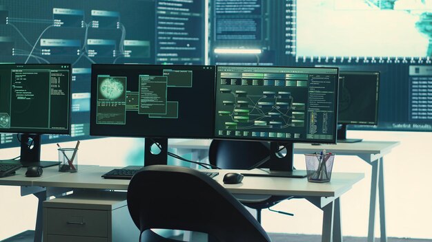 Advanced cyber surveillance room with no personnel present