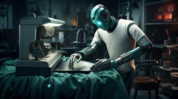 anthropomorphic futuristic robot performing regular human job
