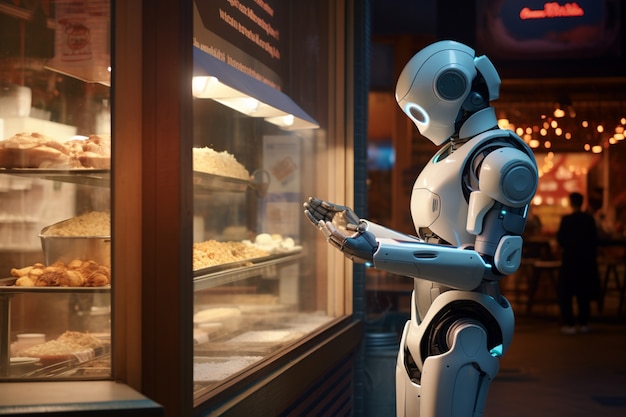 anthropomorphic futuristic robot performing regular human job