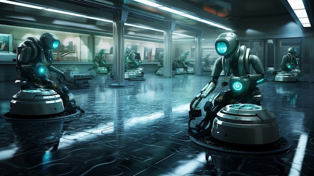 Anthropomorphic futuristic robot performing regular human job