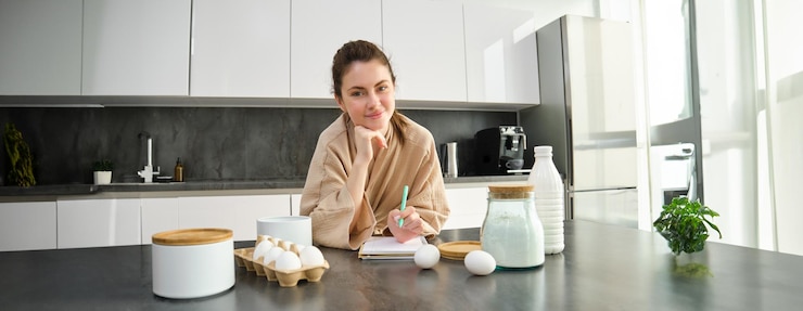 Zdarma Fotografie attractive young cheerful girl baking at the kitchen making dough holding recipe book having ideas