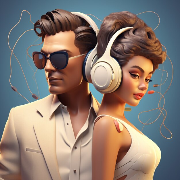 close up cartoon characters with headphones