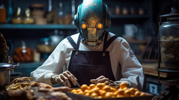 Close up on anthropomorphic robot cooking