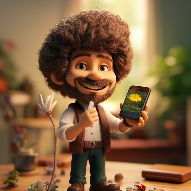 close up on cartoon character man with phone