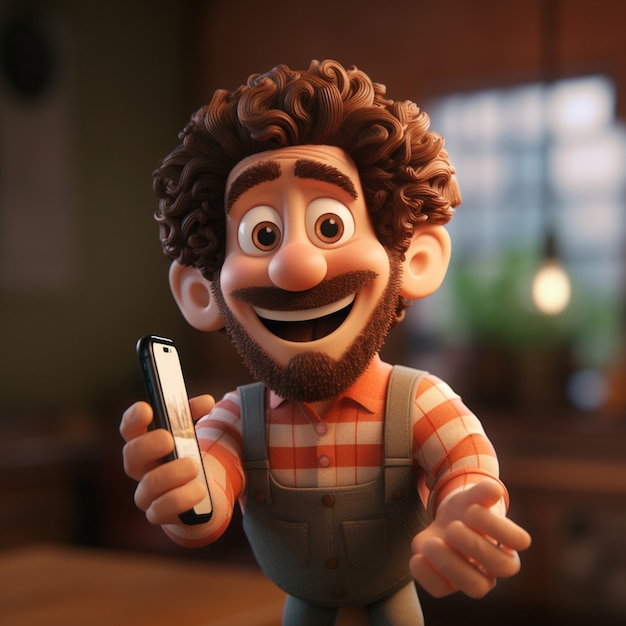close up on cartoon character man with phone