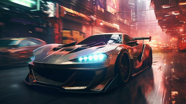 cyberpunk urban scenery with car