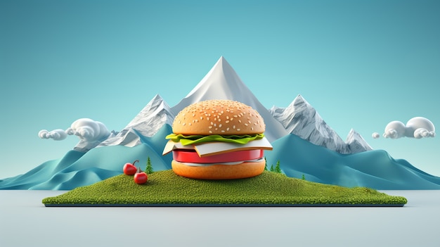 Delicious 3d burger with mountains scenery