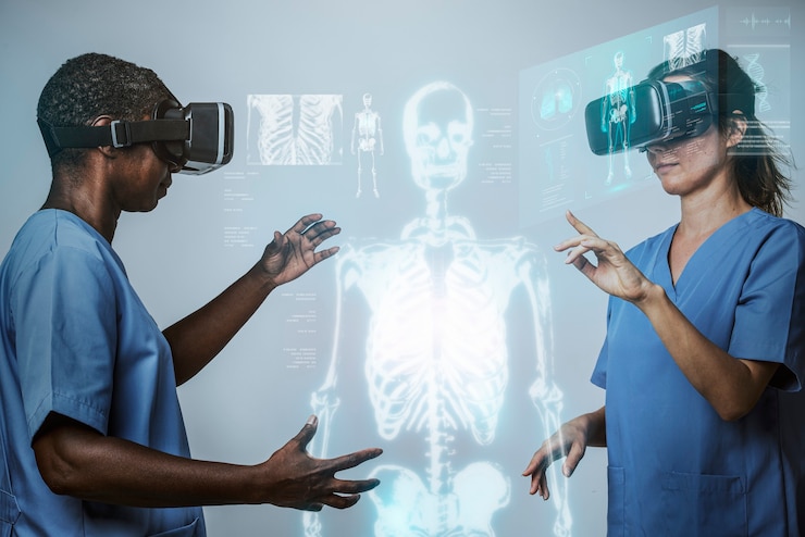 Zdarma Fotografie doctors wearing vr simulation with hologram medical technology