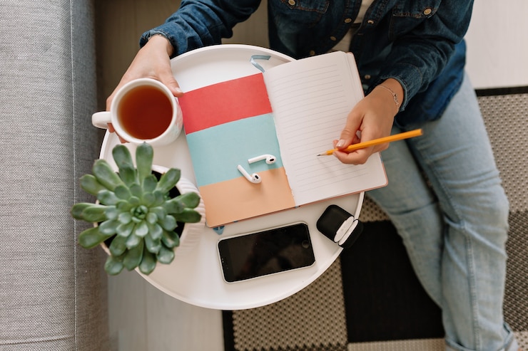 Zdarma Fotografie flat lay of working table with young womans hand writing a notebook with a smartphone cup of tea and green plant