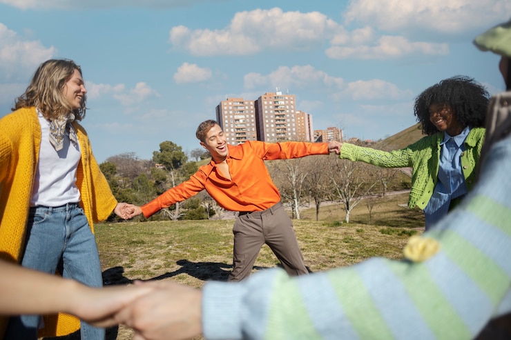 Zdarma Fotografie friends spinning and holding hands in an outdoor field