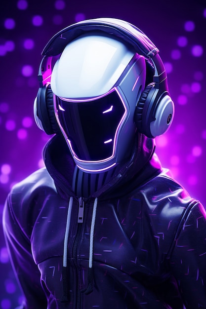 futuristic robot listening to music on headphones