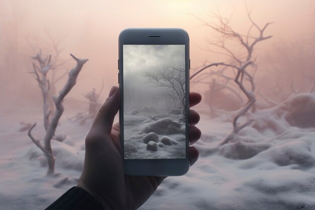 hand holding smartphone with abstract wallpaper coming out of the screen