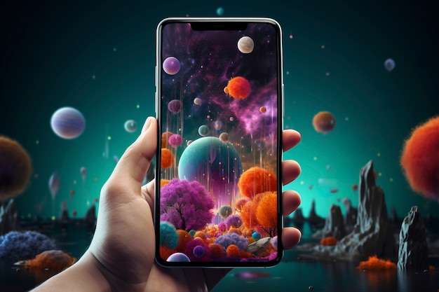 Hand holding smartphone with abstract wallpaper coming out of the screen