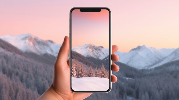 Hand holding smartphone with abstract wallpaper coming out of the screen