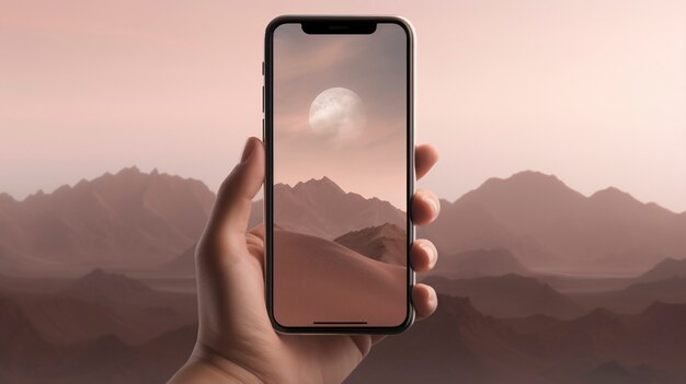 hand holding smartphone with abstract wallpaper coming out of the screen