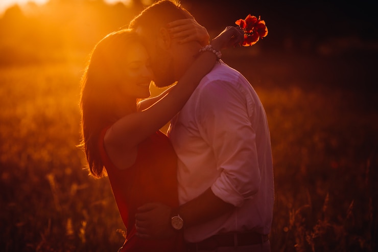 Zdarma Fotografie handsome bearded man hugs woman in red dress tender standing in golden summer field