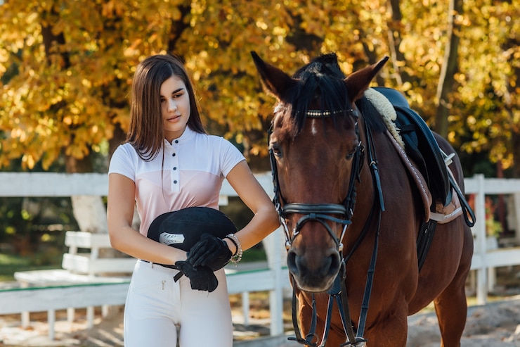 Zdarma Fotografie jockey girl holding helmet before competition.