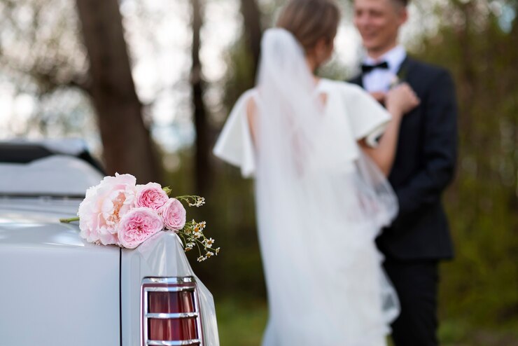 Zdarma Fotografie just married couple with their car