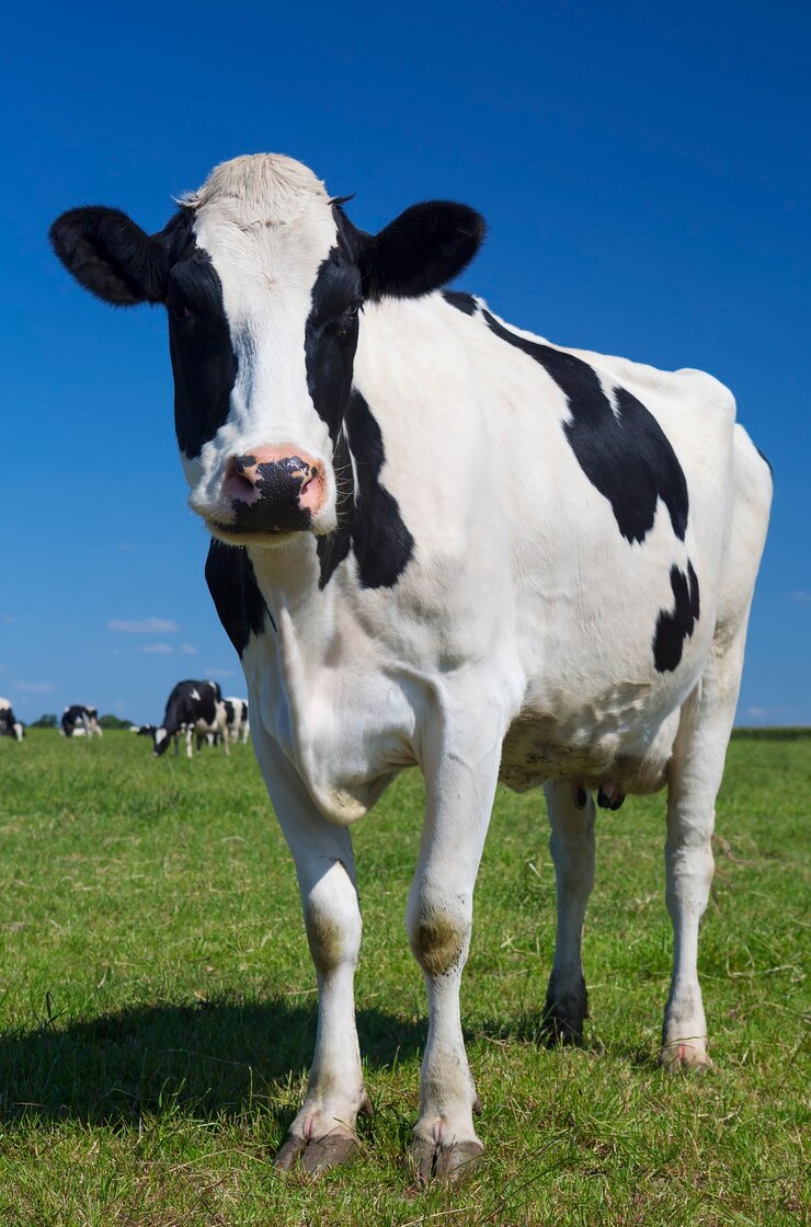 Krásná kráva na zelené trávě s modrou oblohou