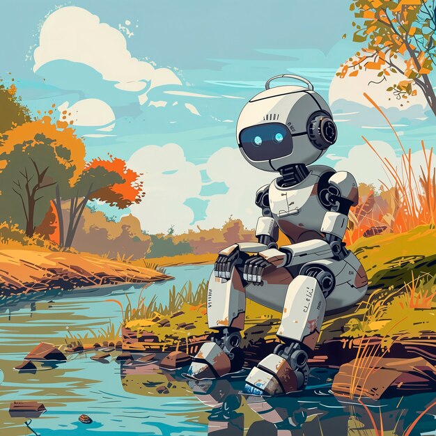 Kreslená scéna AI robota