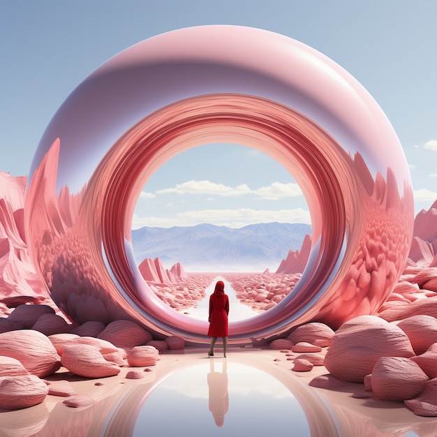 long shot adult in nature with 3d geometric shapes