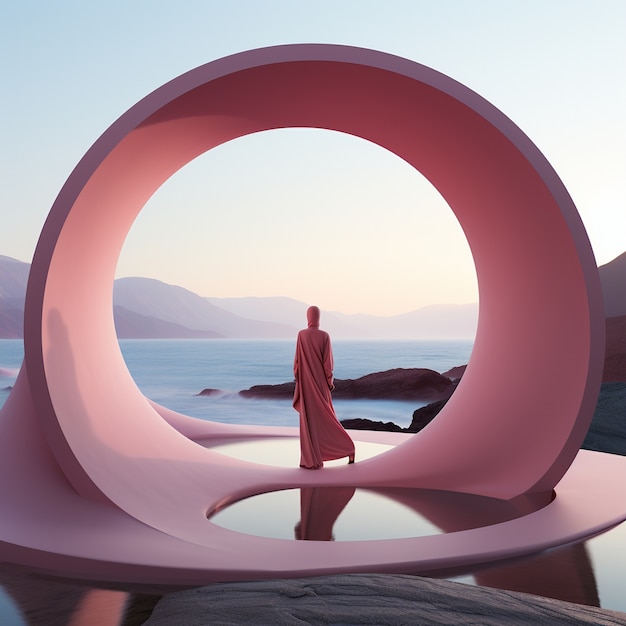 long shot adult in nature with 3d geometric shapes