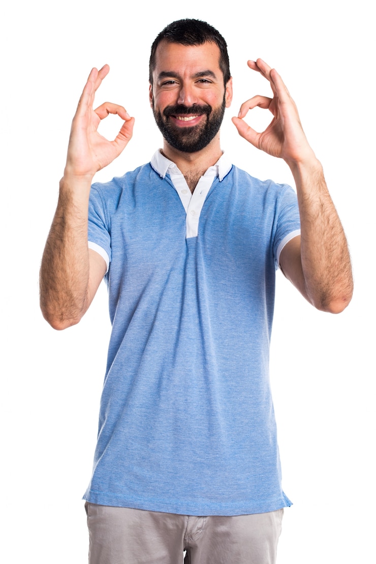 Zdarma Fotografie man with blue shirt making ok sign
