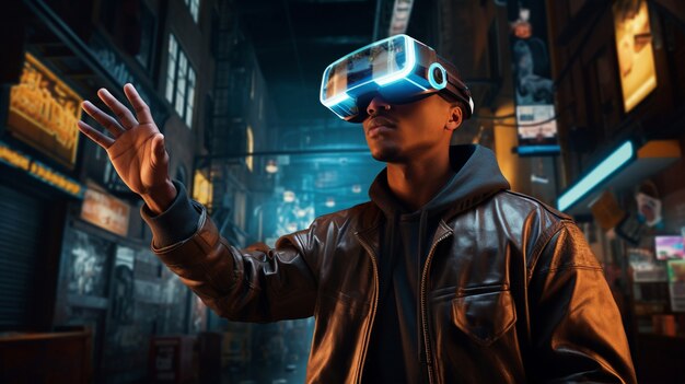 man with vr glasses in futuristic city