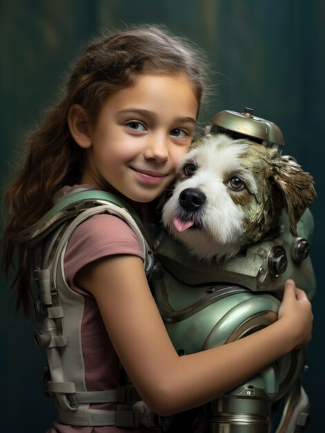 medium shot girl hugging dog