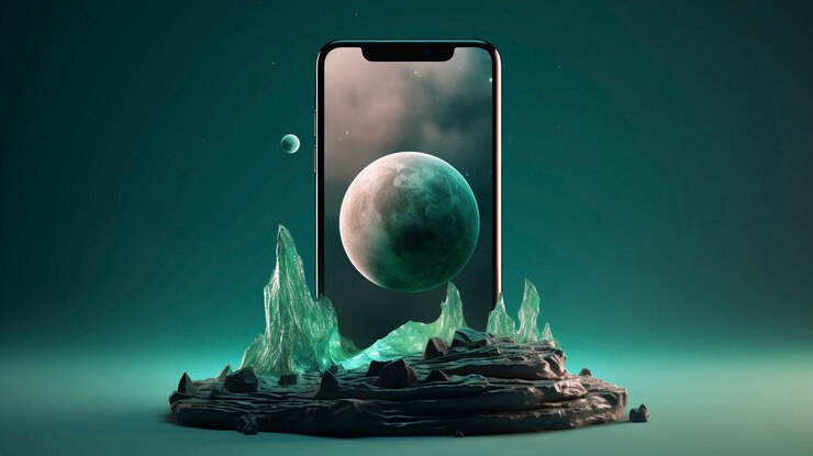 Moderní smartphone s živou abstraktní tapetou vycházející z obrazovky