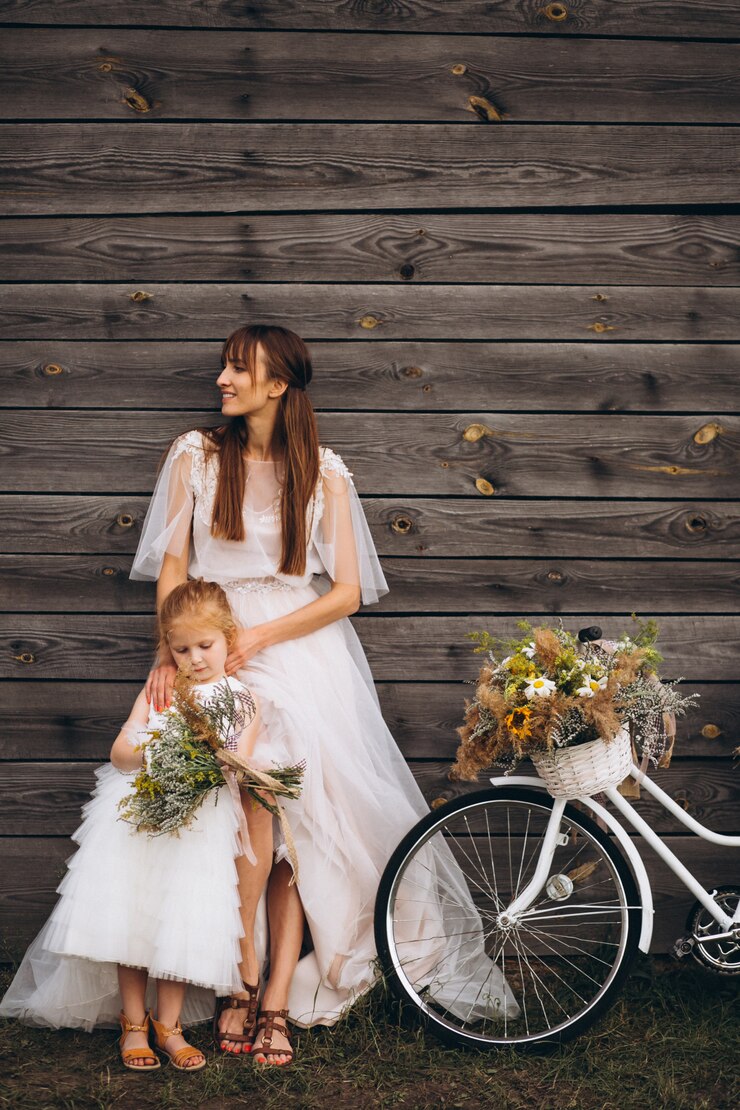 Zdarma Fotografie mother with daughter in beautiful dresses by the bicycle