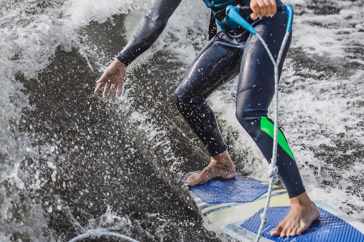 Zdarma Fotografie muž na wakesurfingu. vlna od lodi.