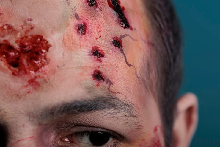 Zdarma Fotografie nemrtvý zombie ukazuje zraněné čelo do kamery, má špinavé ošklivé krvavé jizvy a škrábance na zlověstném obličeji. démon požírající mozek má strašidelné, děsivé smrtelné rány. detail.