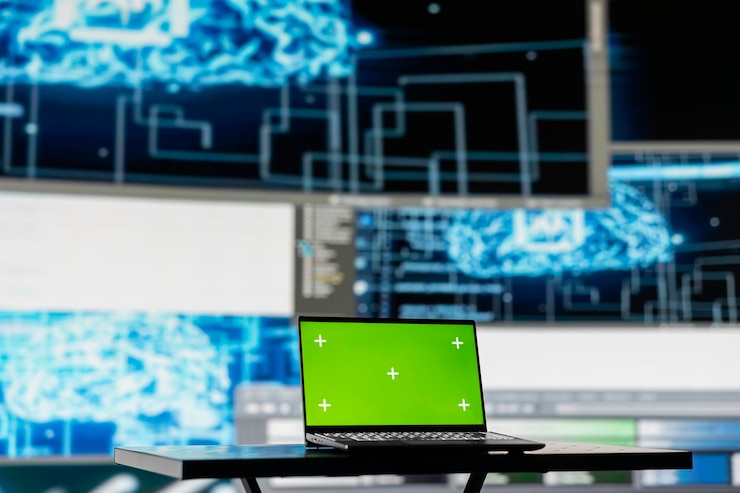 Zdarma Fotografie pc showcasing chroma key display next to ai neural networks system