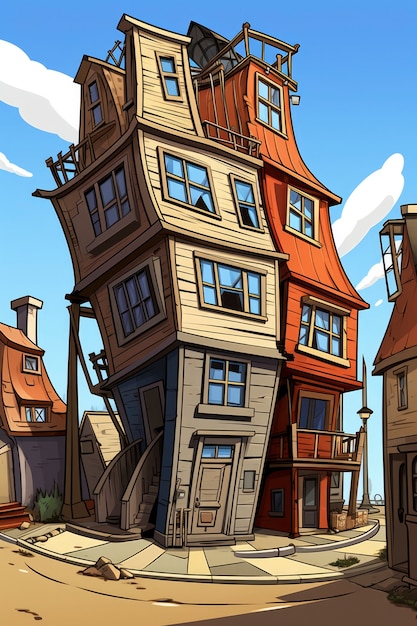 Pohled na budovu s architekturou v komiksovém stylu